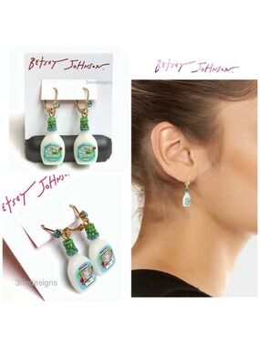 NWT Betsey Johnson💋RANCH DRESSING BOTTLE Gold Tone Glass Crystals Drop Earrings